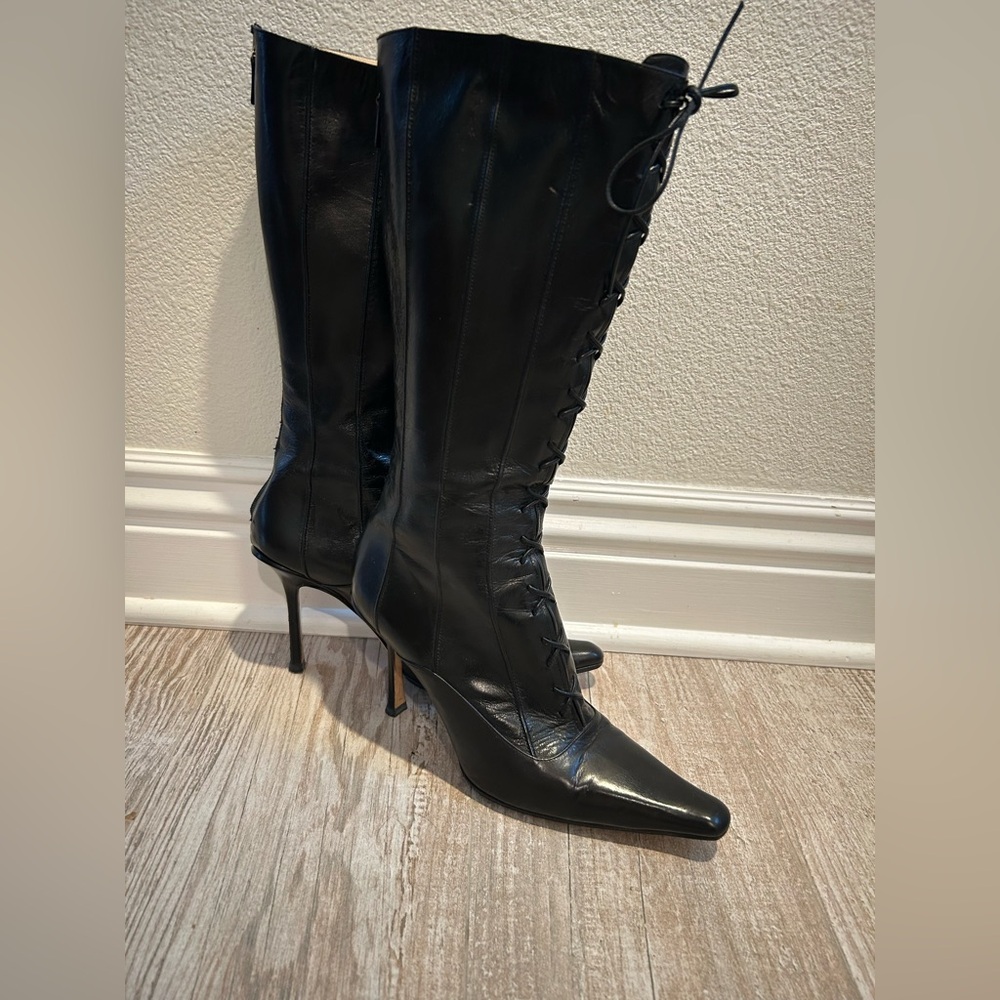 Jimmy Choo Black Lace-Up Pointed-Toe Knee-High Stiletto Boots